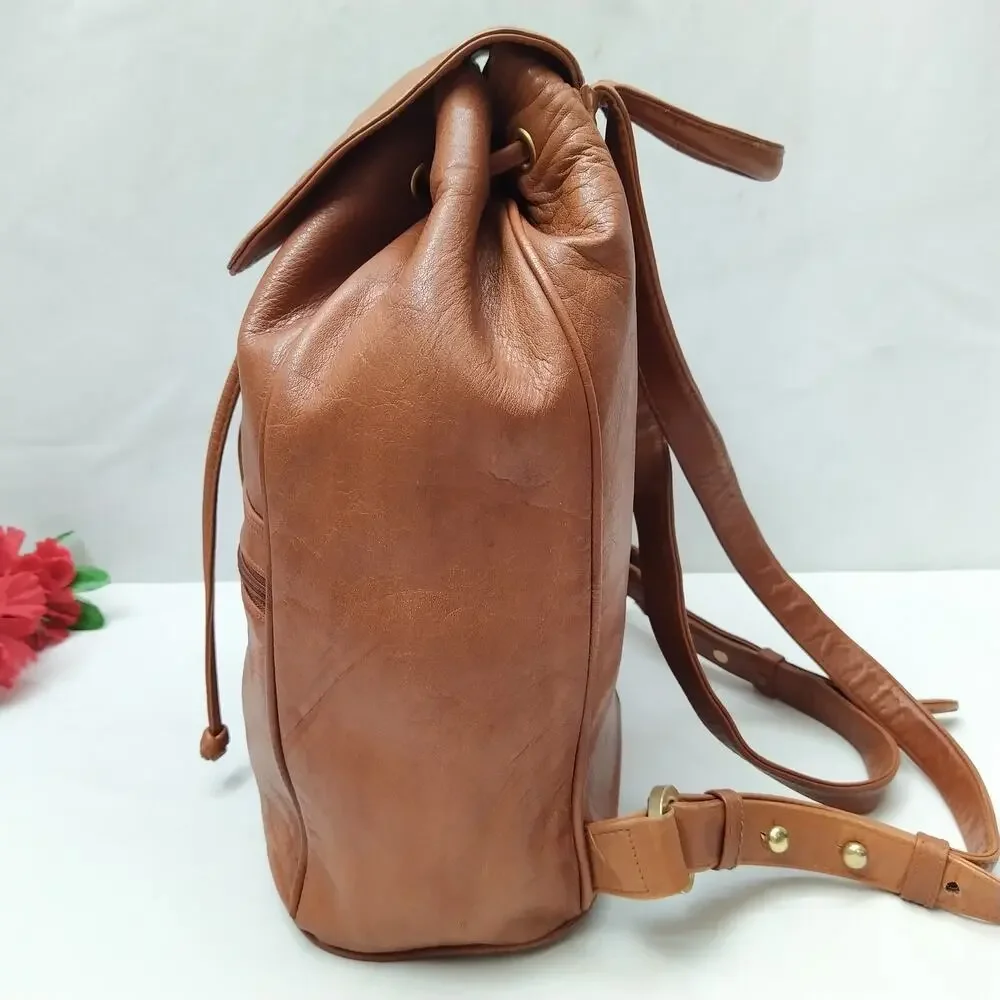 Perlina Brown Leather Zipper Pockets Flap Top Handle Drawstring Backpack